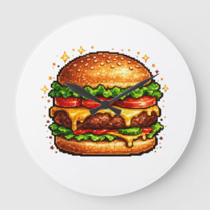 Grande Relógio de Cheeseburger Pixel Retro