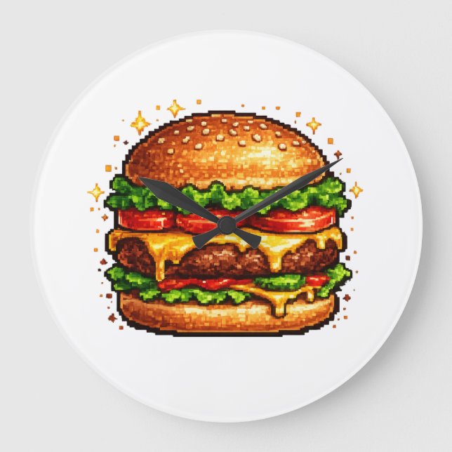 Grande Relógio de Cheeseburger Pixel Retro (Frente)