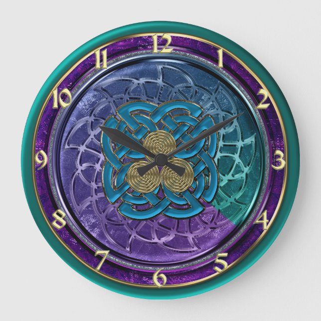 Grande Relógio de Números Célticos Dourados Verde Roxo (Frente)
