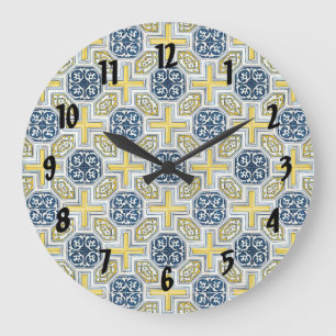 Grande Relógio de Números Preto Floral Geométrico Amarelo