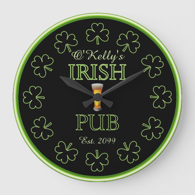 Grande Relógio de Taverna do Bar Pub - Irish Shamrocks (Frente)