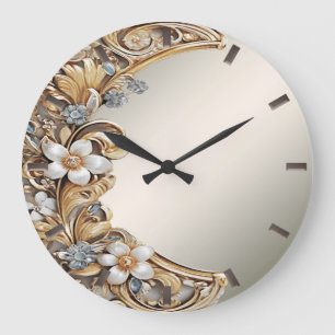 Grande Relógio Dourado de Parede Floral Branco Decorativo