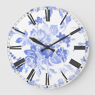 Grande Relógio Floral Branco Azul Elegante