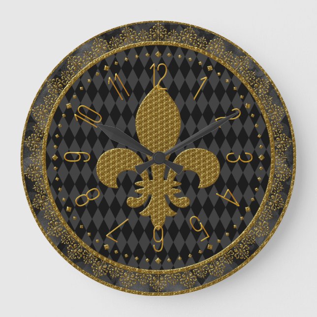 Grande Relógio Mardi Gras, Ouro Fleur de Lis Large Clock (Frente)