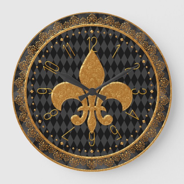 Grande Relógio Mardi Gras, Ouro Fleur de Lis Large Clock (Frente)