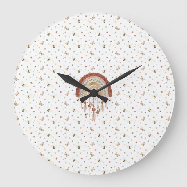 Grande Relógio Redondo Boho Caprichoso Abelha e Arco-íris (Frente)