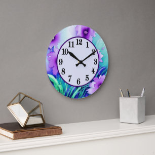 Grande Relógio redondo com flores decorativas em aquarela