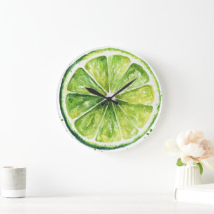 Grande Relógio Redondo Fatia de Fruta Verde Limão Cítrico