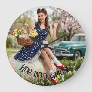 Grande Relógio Vintage de Páscoa com Pin-Up   Arte Retro 