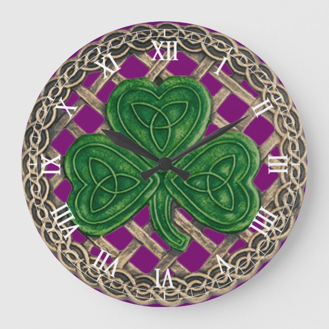 Grande Shamrock Roxo e Relógio Numérico de Números Céltic (Frente)