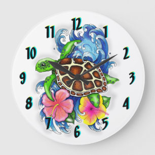 Grande Tartaruga do Mar Tropical com flores Relógio