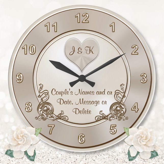 Grande Taupe, Champagne Ivory, Relógio de Muro de Casamen (Engagement gift suggestions. Wedding wall clock. Personalised, marriage gift for sister, best friend)