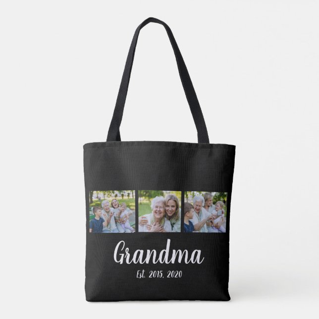 Grandma Established Script Black 3 Photo Tote Bag (Verso)