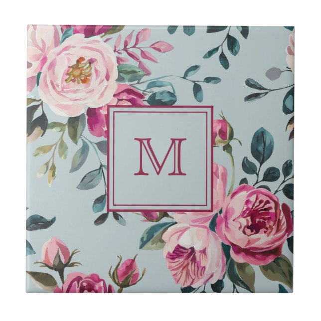 Grandmillennial Rosa Poeirenta Floral Monograma Pe (Frente)