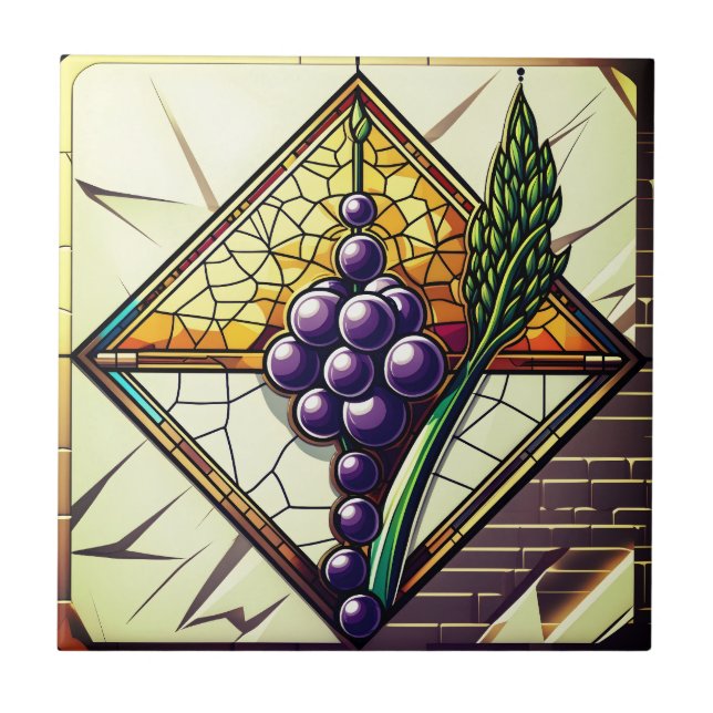 Grapes and Wheat Stained Glass Ceramic Tile (Frente)