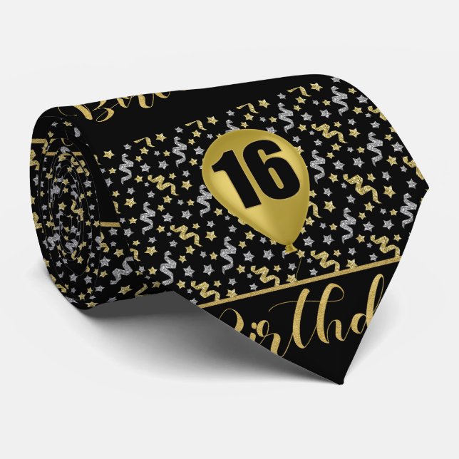 Gravata 16.º aniversário Dourado em preto com Confetti (Rolled)