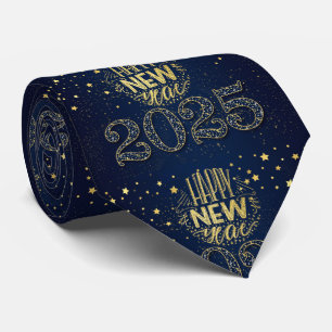 Gravata 2020 Happy New Year Gold on Deep Navy Blue