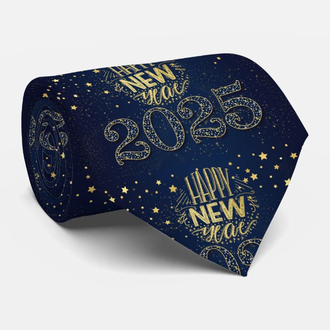 Gravata 2020 Happy New Year Gold on Deep Navy Blue (Rolled)
