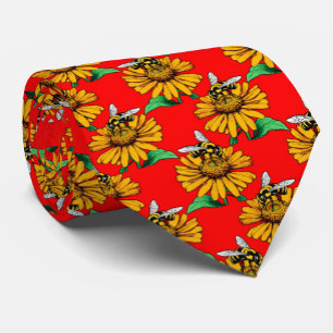 Gravata Abeha no Design de Padrão de Flor de Girassol Verm