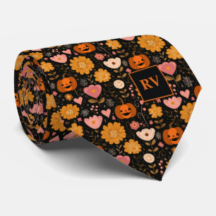 Gravata Abóboras laranjas de Halloween retrô com flores de
