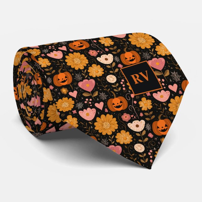 Gravata Abóboras laranjas de Halloween retrô com flores de (Rolled)