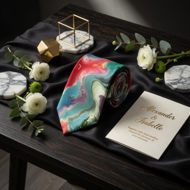 Gravata Abstract Liquid Marble Vibrant Emerald Crimson  (Criador carregado)