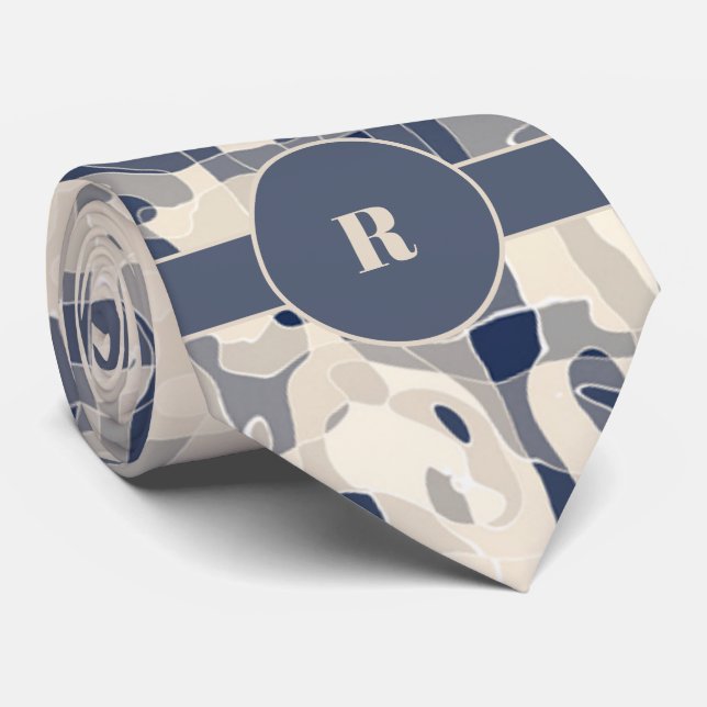 Gravata Abstrato de Demin Blue e Taupe com Monograma (Rolled)