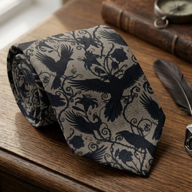 Gravata Academia Sombria Presente para Amante de Corvos Fl (Whimsigoth raven necktie)