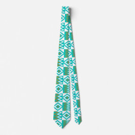 Gravata African Kente Cloth White Aqua Teal Blue Necktie