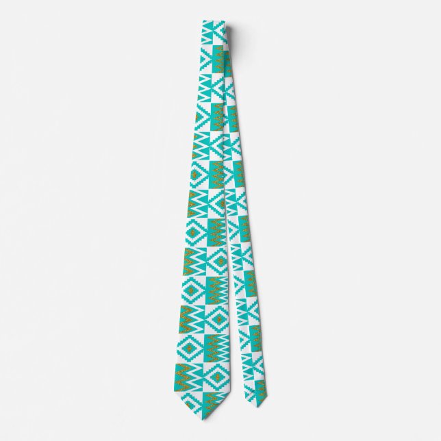 Gravata African Kente Cloth White Aqua Teal Blue Necktie (Frente)