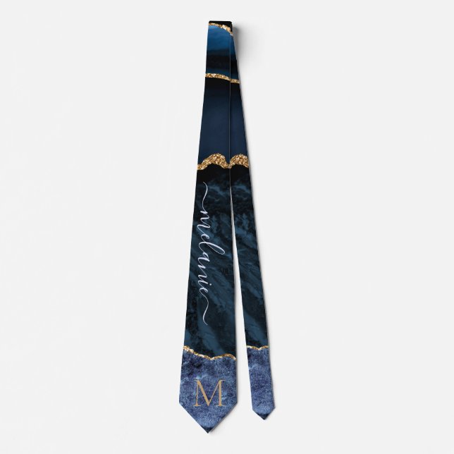 Gravata Agate Navy Blue Gold Gemstone Marble Monogram Name (Frente)