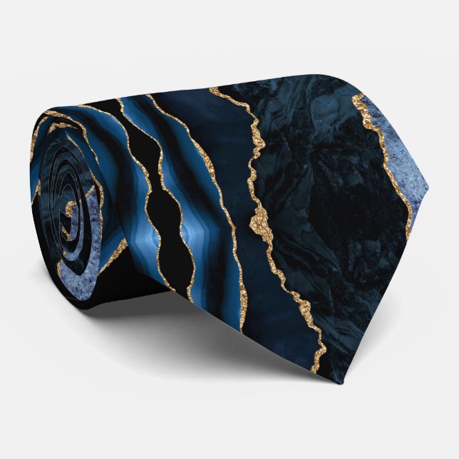 Gravata Agate Navy Blue Gold Geode Marble Elegant Neck Tie (Rolled)