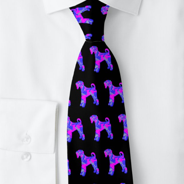Gravata Airedale Terrier Dog Silhouket Rosa e Azul Preto (Airedale Terrier punk n blue silhouette black tie)