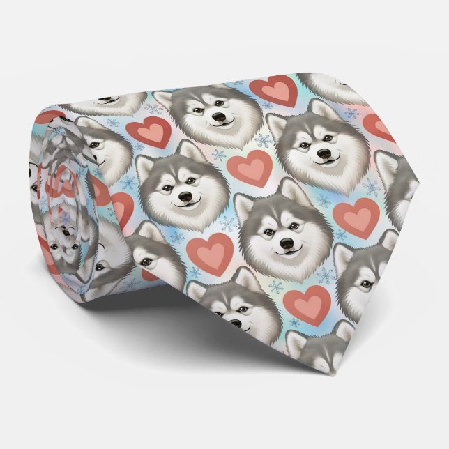 Gravata Alaskan Malamute Valentine Hearts Pattern Dog Love (Rolled)