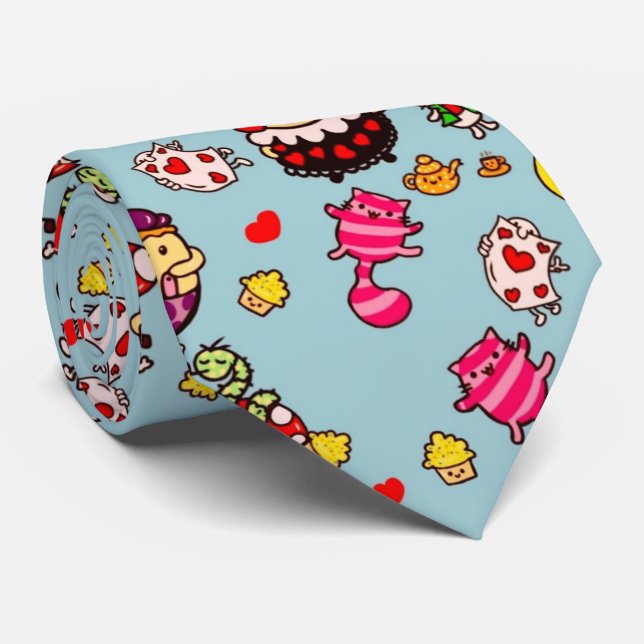 Gravata Alice Wonderland Mad Hatter Cat Doodle Art de Leah (Rolled)