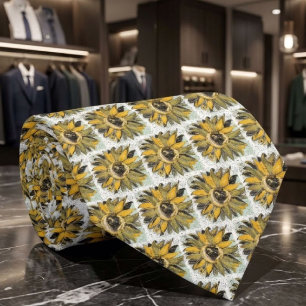 Gravata Amarelo de Girassol Preto Verde Estilo de Arte em 