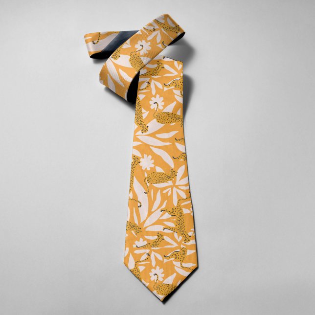 Gravata Amarelo Fofo Moderno Vida Selvagem Leopardo Folhas (Criador carregado)