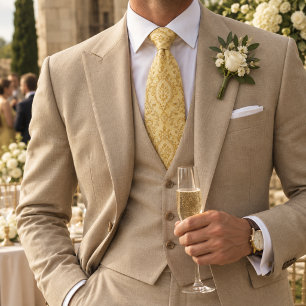Gravata Amarelo Manteiga Dourado Barroco Damásco Elegante