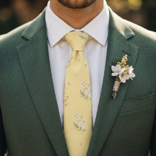 Gravata Amarelo Manteiga Floral Casamento Mimosa & Cítrico