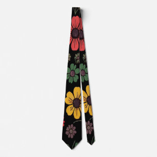 Gravata Amarelo Ousado, Vermelho e Verde Floral em Preto