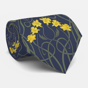 Gravata Amarelos Narcisos e Caules Azul Art Nouveau