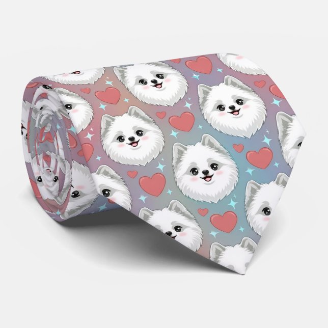 Gravata American Eskimo Dog Valentine Hearts Pattern Cute  (Rolled)