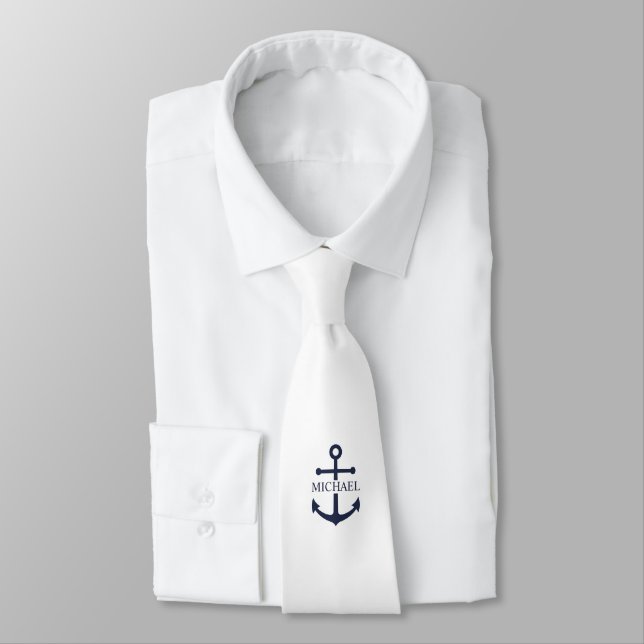 Gravata Âncora Azul Marinho Personalizada Nome (Amarrado)
