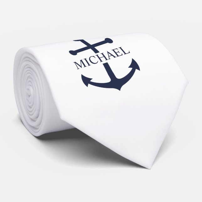 Gravata Âncora Azul Marinho Personalizada Nome (Rolled)