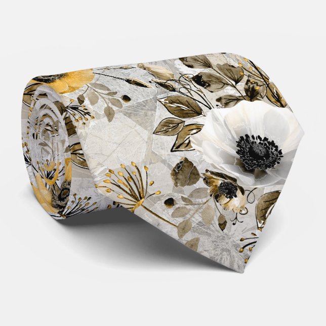 Gravata Anêmonas brancas e amarelas sobre fundo castanho-c (Rolled)