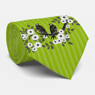 Gravata Apple Green Stripes Vintage Bird Daisy Wedding Tie