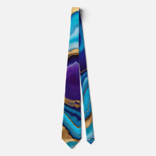 Gravata Aqua Dourada Azul Veias Púrpuras Agate