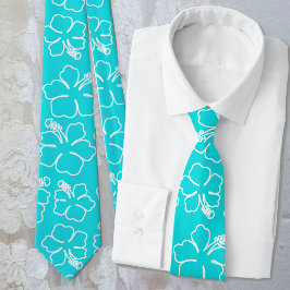 Gravata Aqua Hibiscus Outline Pattern Wedding Tie