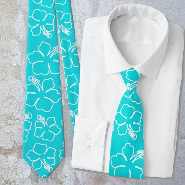 Gravata Aqua Hibiscus Outline Pattern Wedding Tie (Criador carregado)