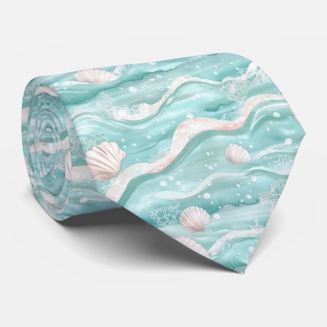 Gravata Aqua Ocean Waves & Seashell Pattern (1) (Rolled)